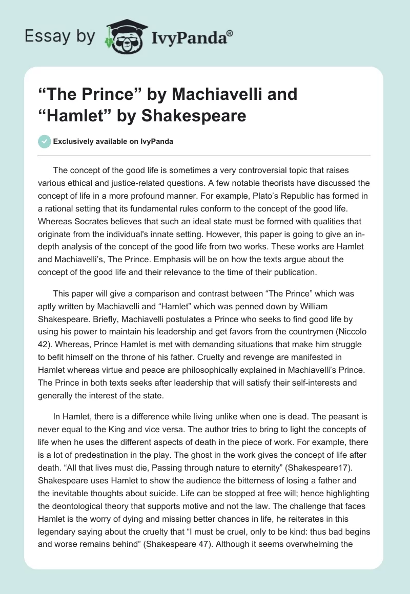 “The Prince” by Machiavelli and “Hamlet” by Shakespeare. Page 1