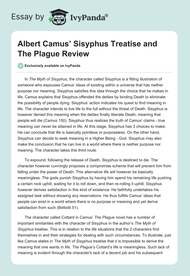 Albert Camus’ Sisyphus Treatise and The Plague Review. Page 1