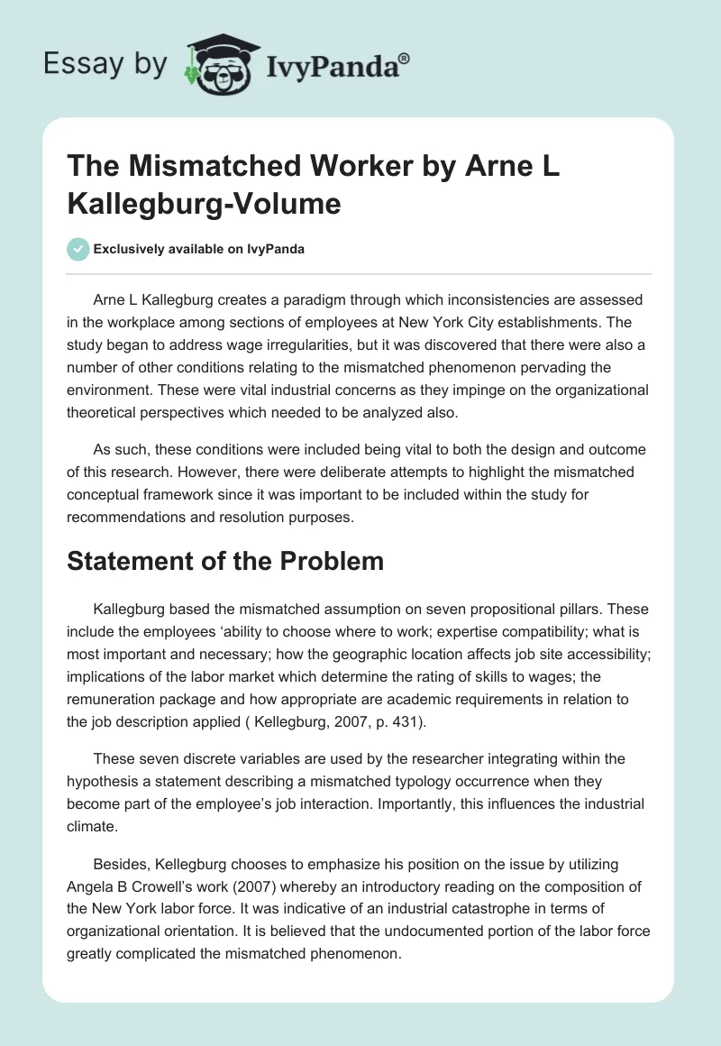 The Mismatched Worker by Arne L Kallegburg-Volume. Page 1
