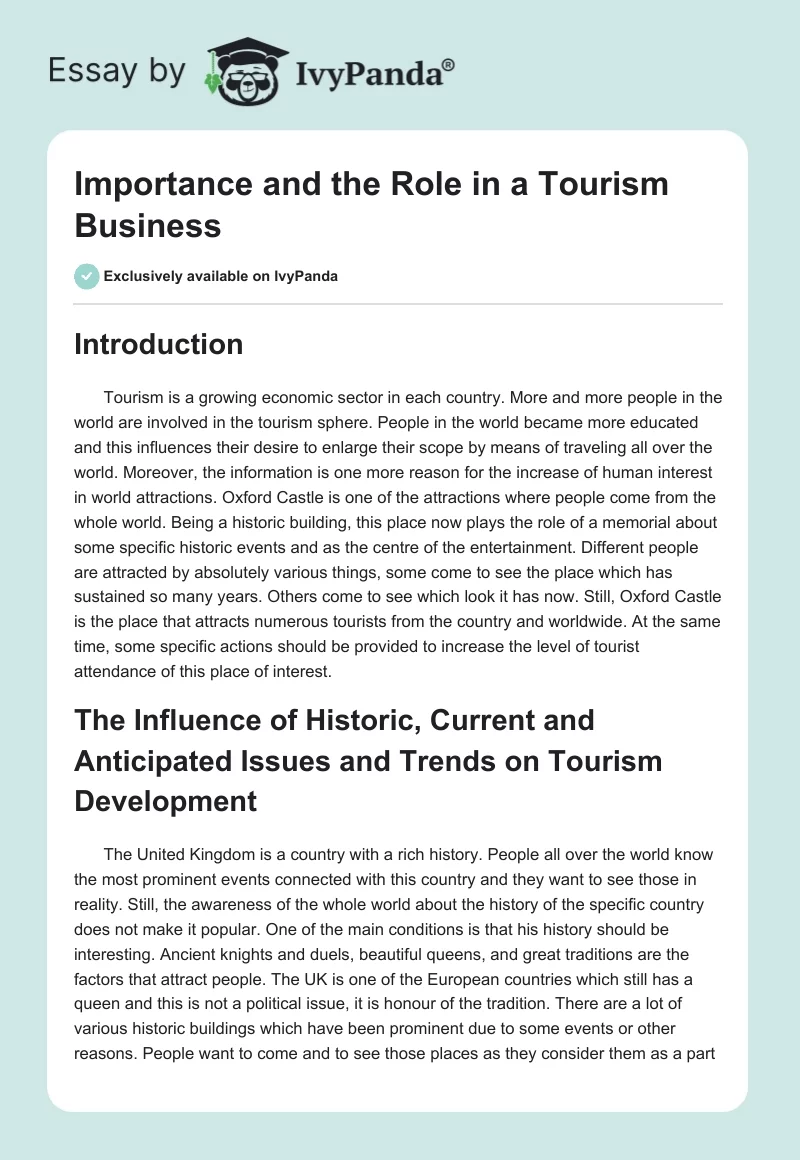 Importance and the Role in a Tourism Business. Page 1