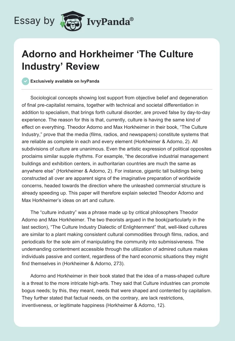 Adorno and Horkheimer ‘The Culture Industry’ Review. Page 1