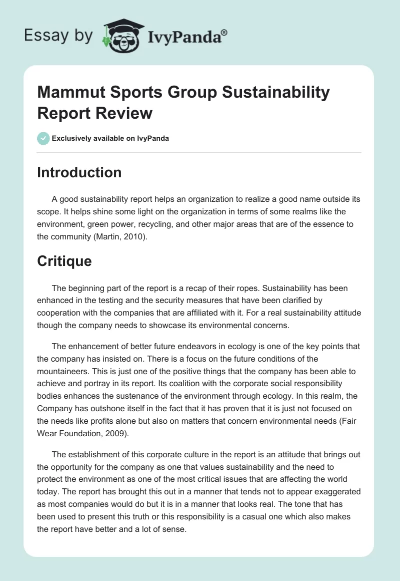 Mammut Sports Group Sustainability Report Review. Page 1