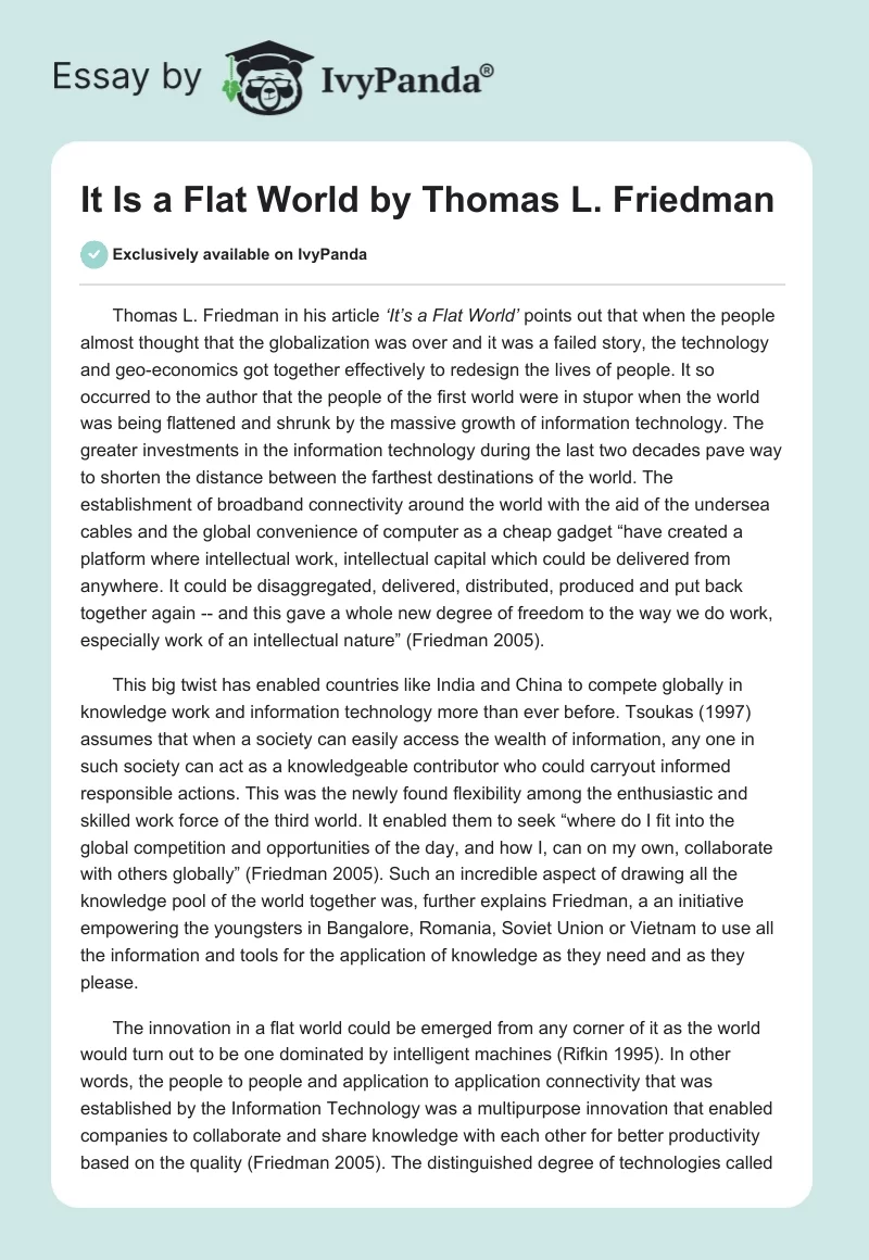 "It Is a Flat World" by Thomas L. Friedman. Page 1