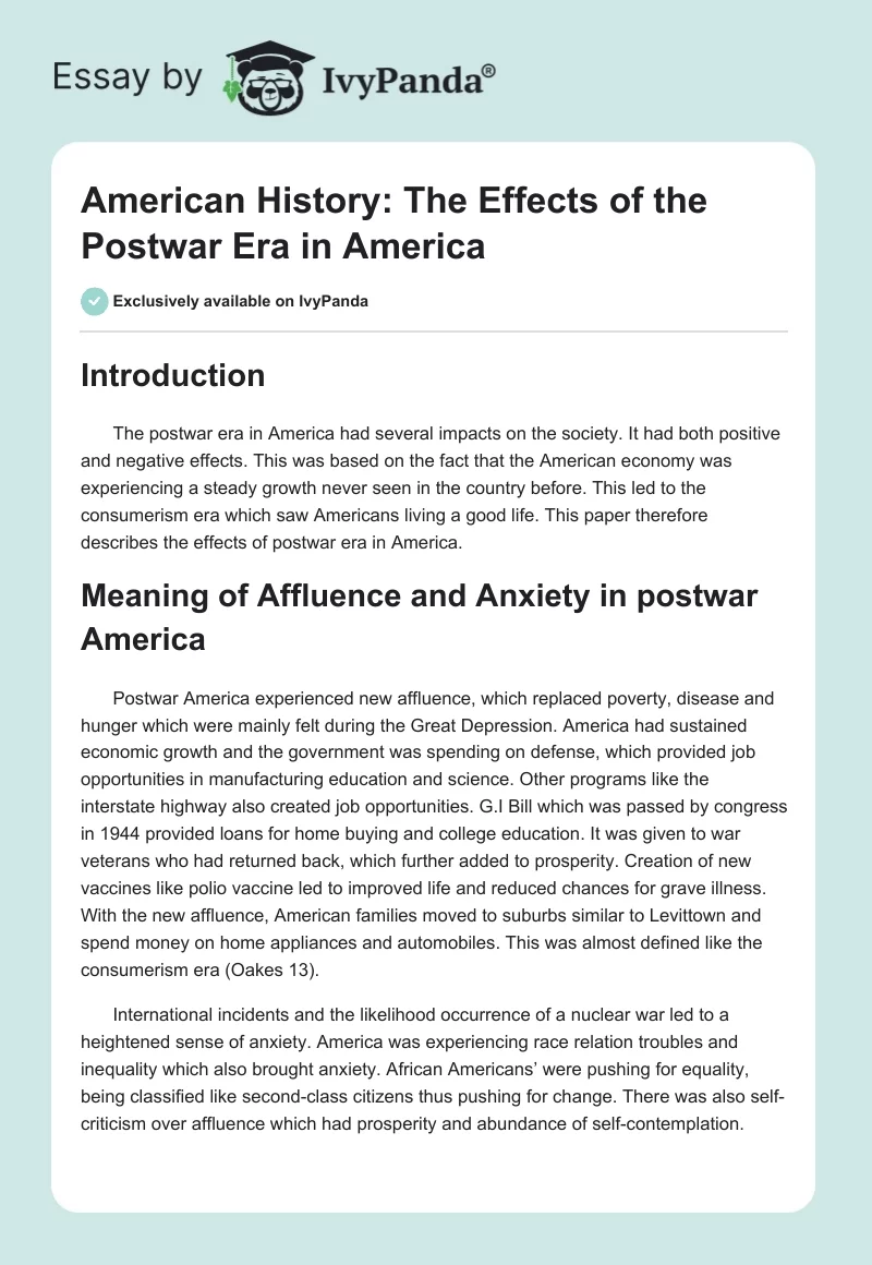 American History: The Effects of the Postwar Era in America. Page 1