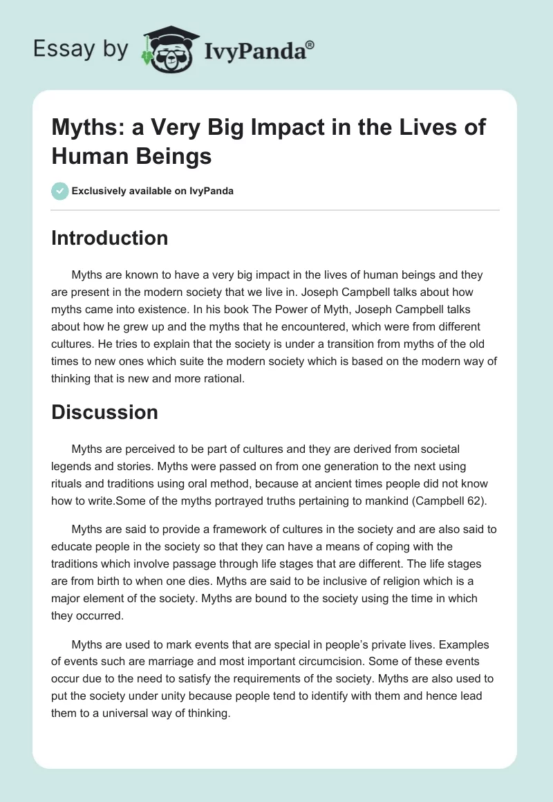 Myths: a Very Big Impact in the Lives of Human Beings. Page 1