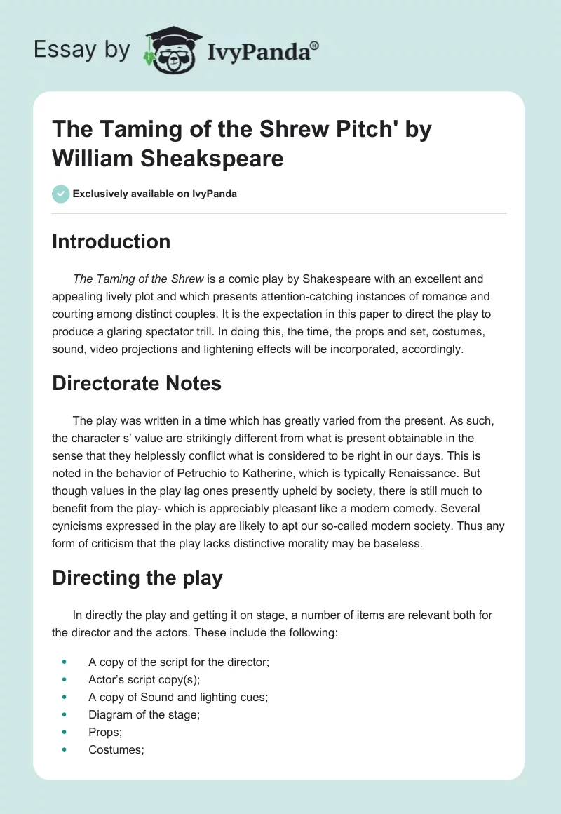 The Taming of the Shrew Pitch' by William Sheakspeare. Page 1