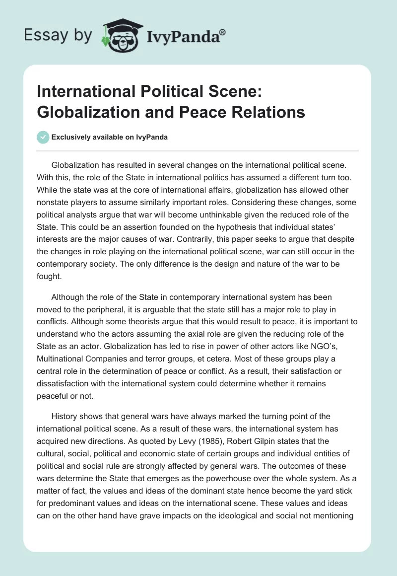 International Political Scene: Globalization and Peace Relations. Page 1