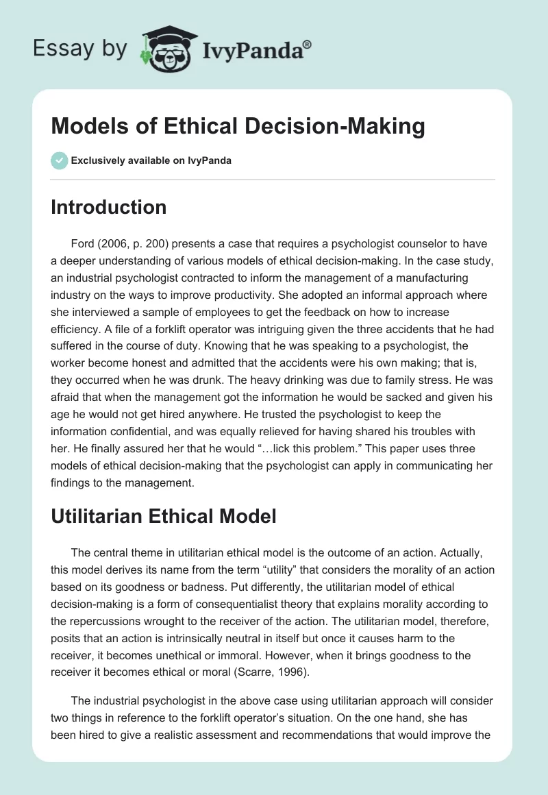 Models of Ethical Decision-Making. Page 1