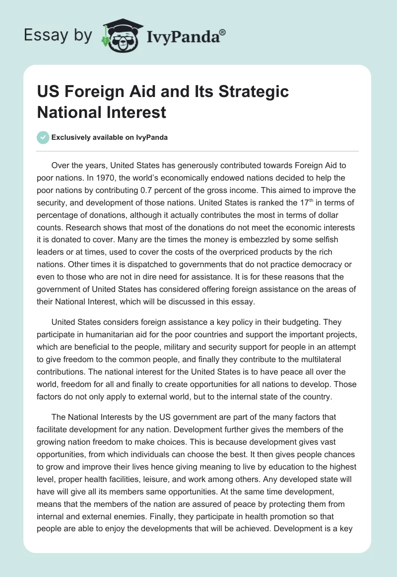 US Foreign Aid and Its Strategic National Interest. Page 1