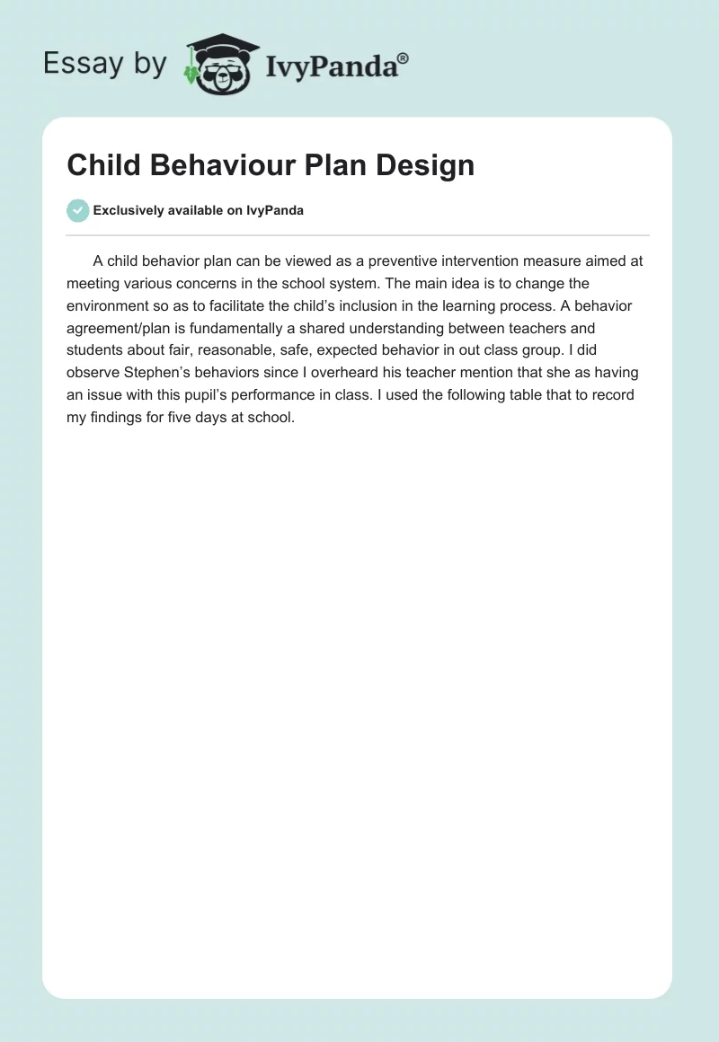 Child Behaviour Plan Design. Page 1