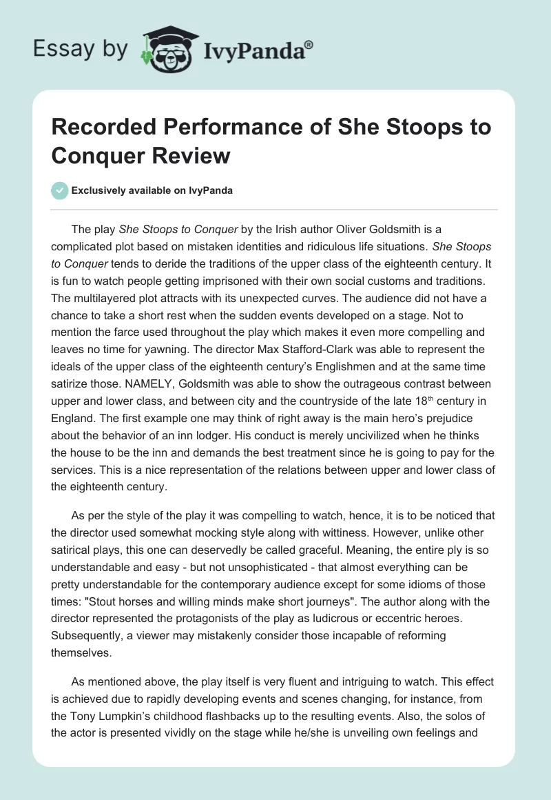 Recorded Performance of She Stoops to Conquer Review. Page 1