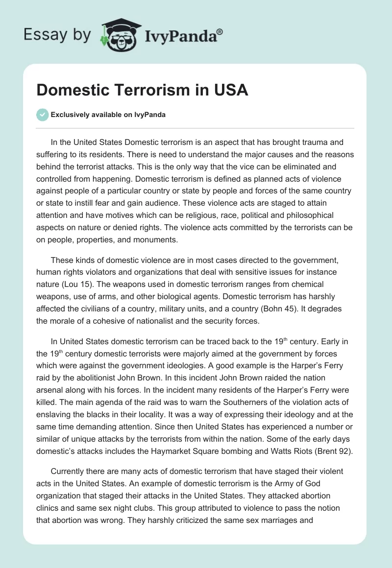 Domestic Terrorism in the US: Causes, Impacts, and Countermeasures. Page 1