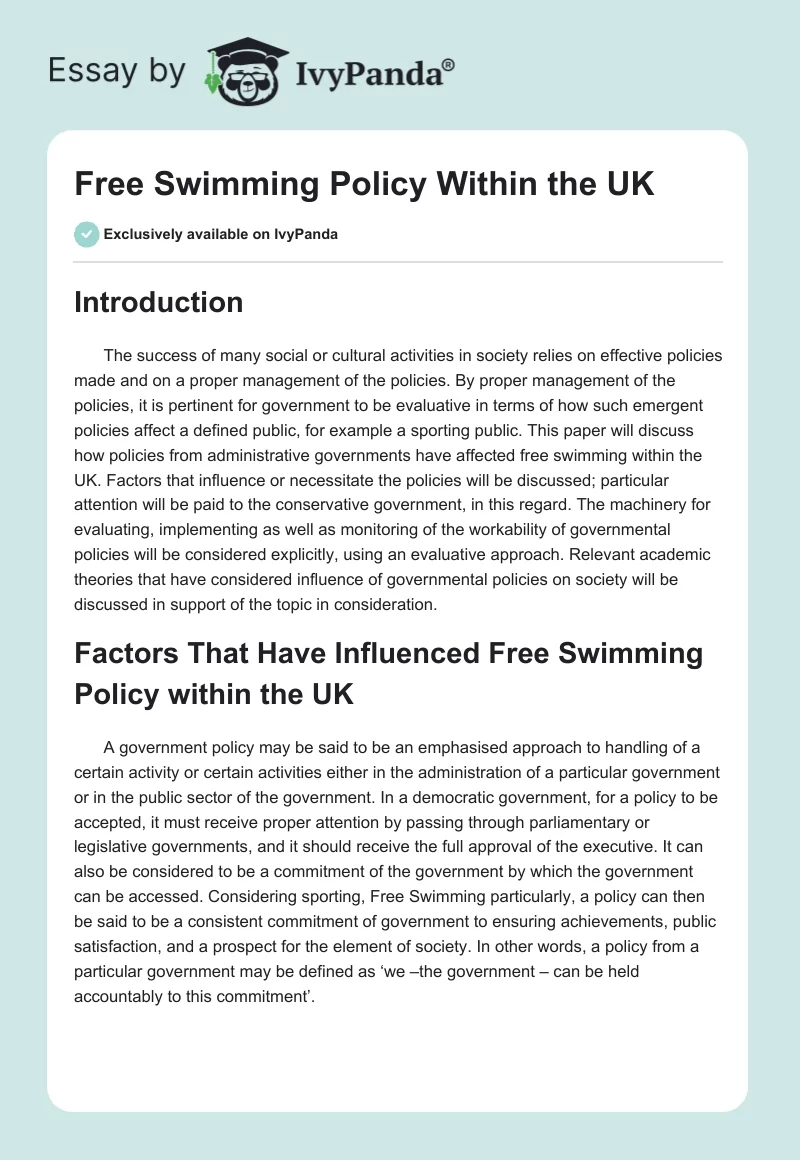 Free Swimming Policy Within the UK. Page 1