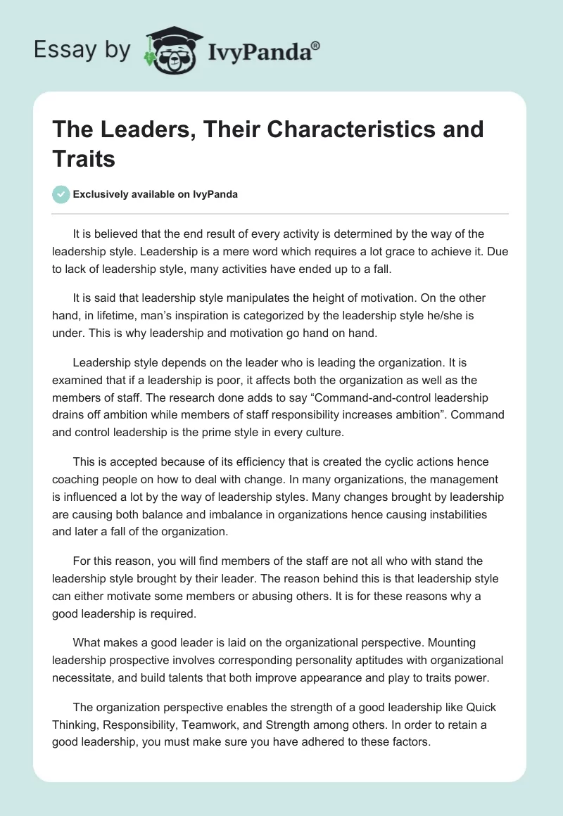 The Leaders, Their Characteristics and Traits. Page 1