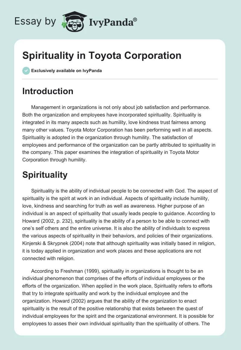 Spirituality in Toyota Corporation. Page 1