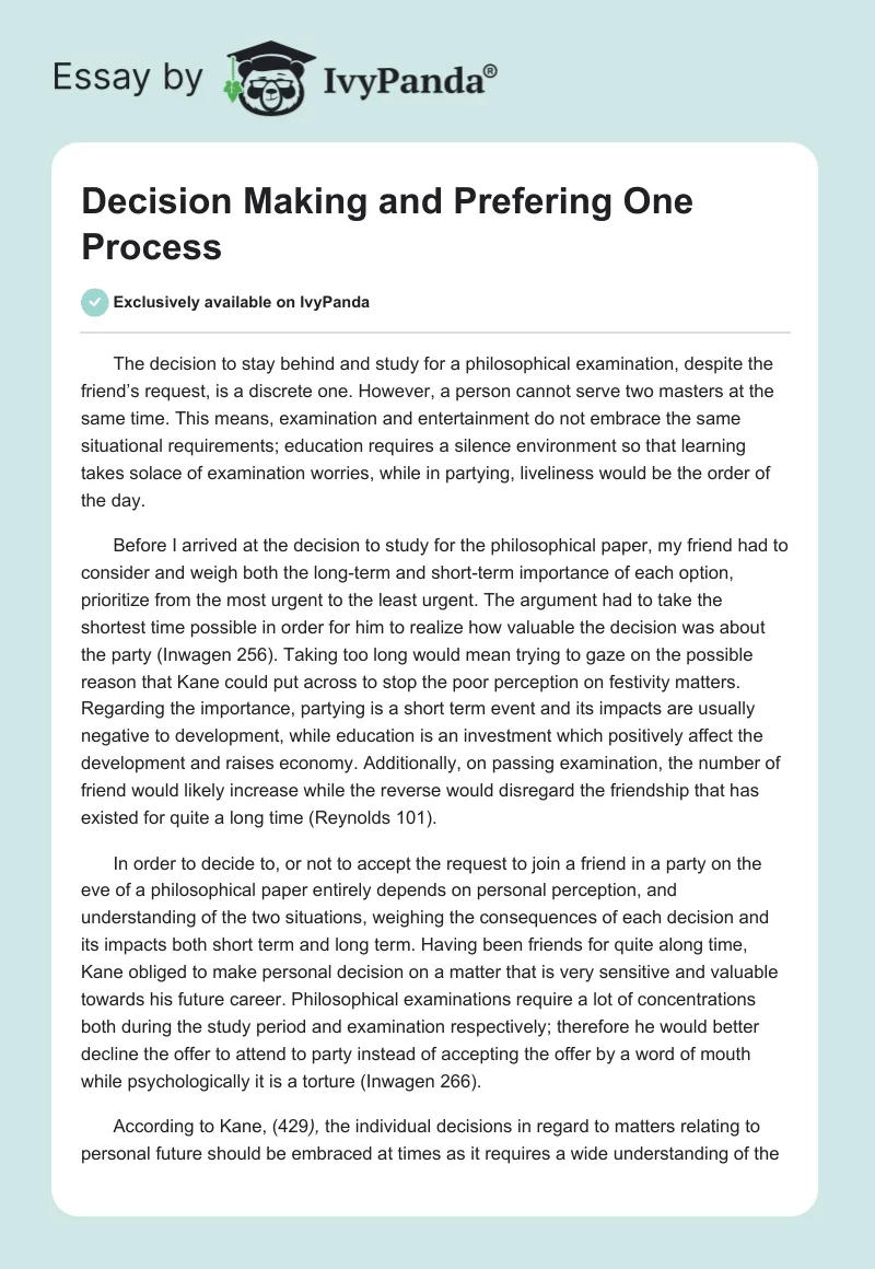 Decision Making and Prefering One Process. Page 1