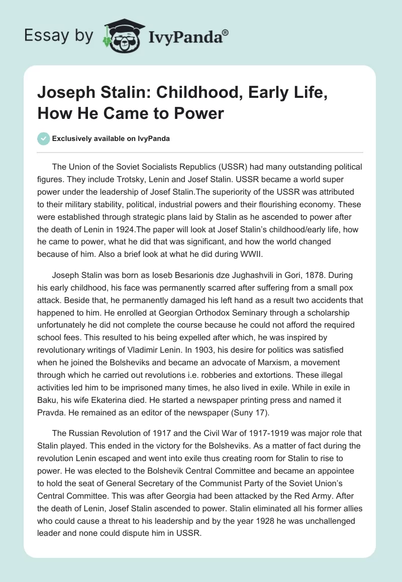 Joseph Stalin: Childhood, Early Life, How He Came to Power. Page 1
