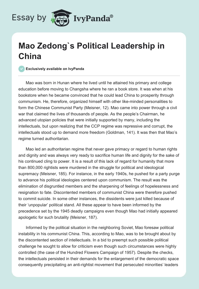 Mao Zedong`s Political Leadership in China. Page 1