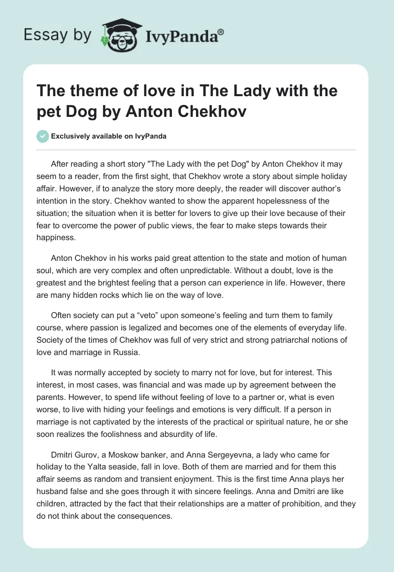 The theme of love in "The Lady with the pet Dog" by Anton Chekhov. Page 1