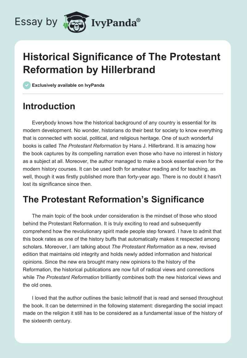 Historical Significance of "The Protestant Reformation" by Hillerbrand. Page 1