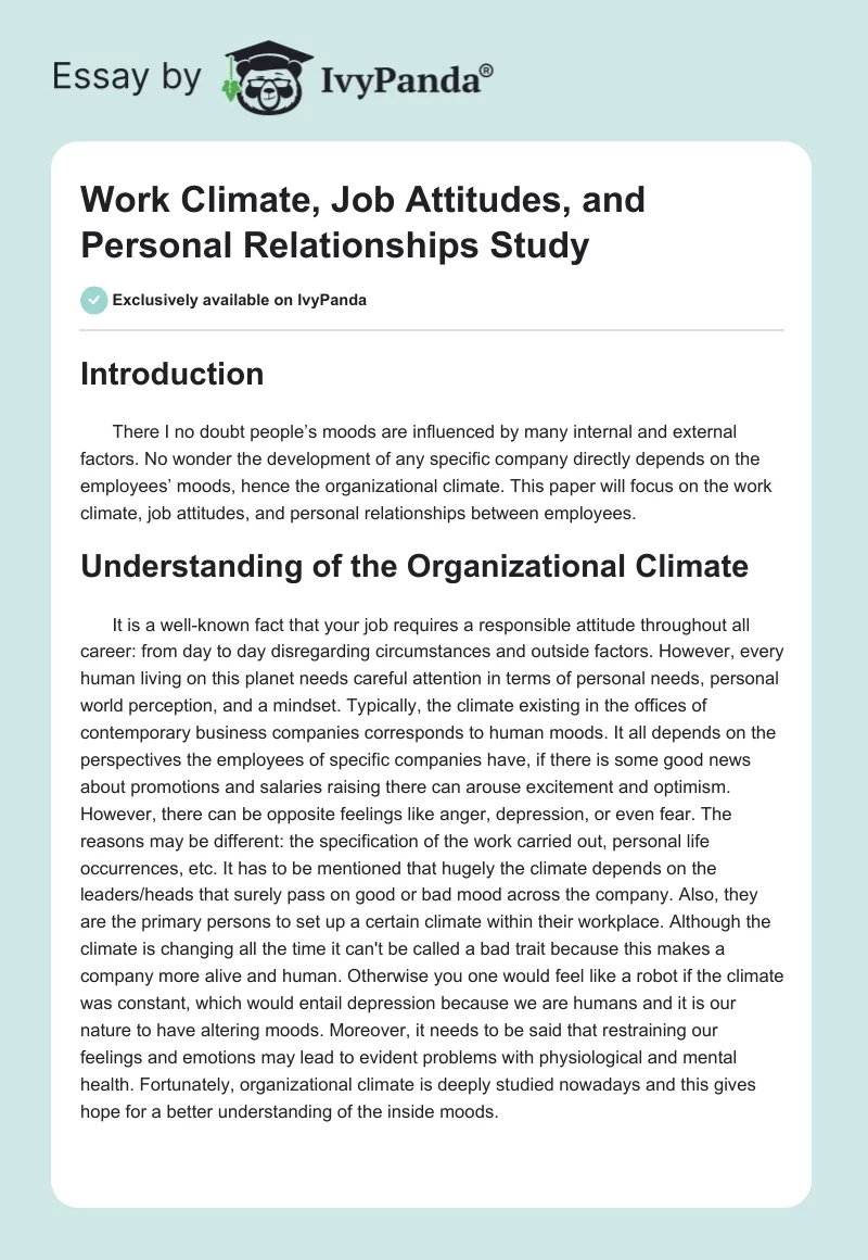 Work Climate, Job Attitudes, and Personal Relationships Study. Page 1