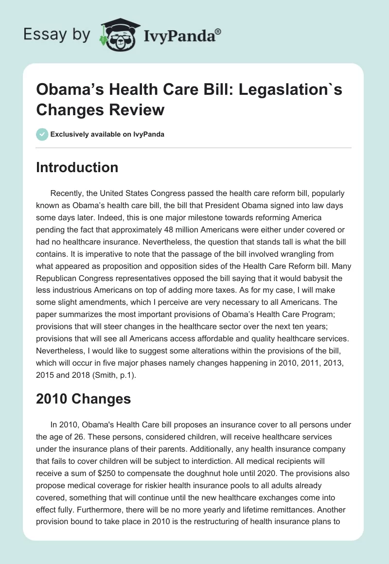 Obama’s Health Care Bill: Legaslation`s Changes Review. Page 1