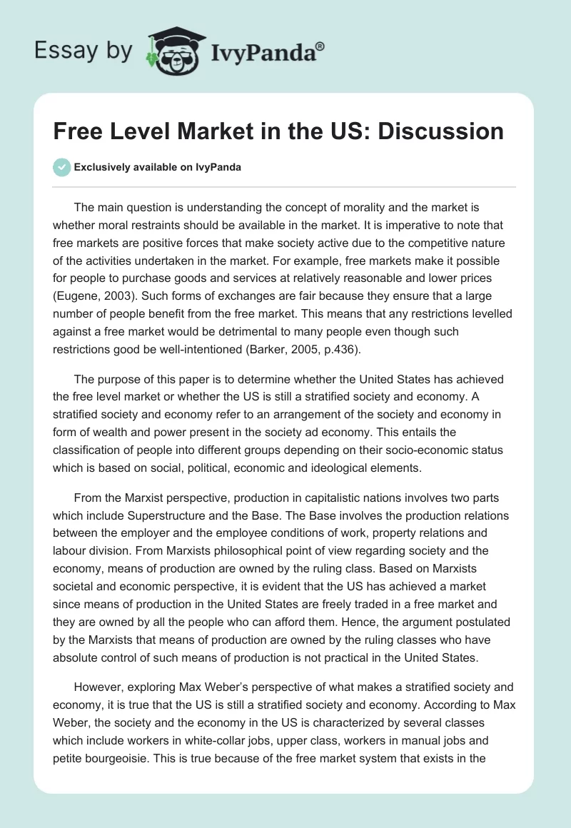 Free Level Market in the US: Discussion. Page 1