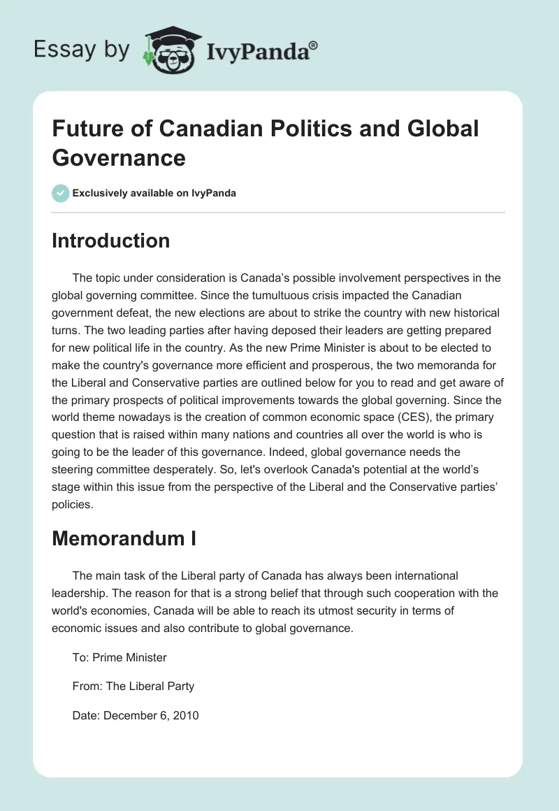 Future of Canadian Politics and Global Governance. Page 1