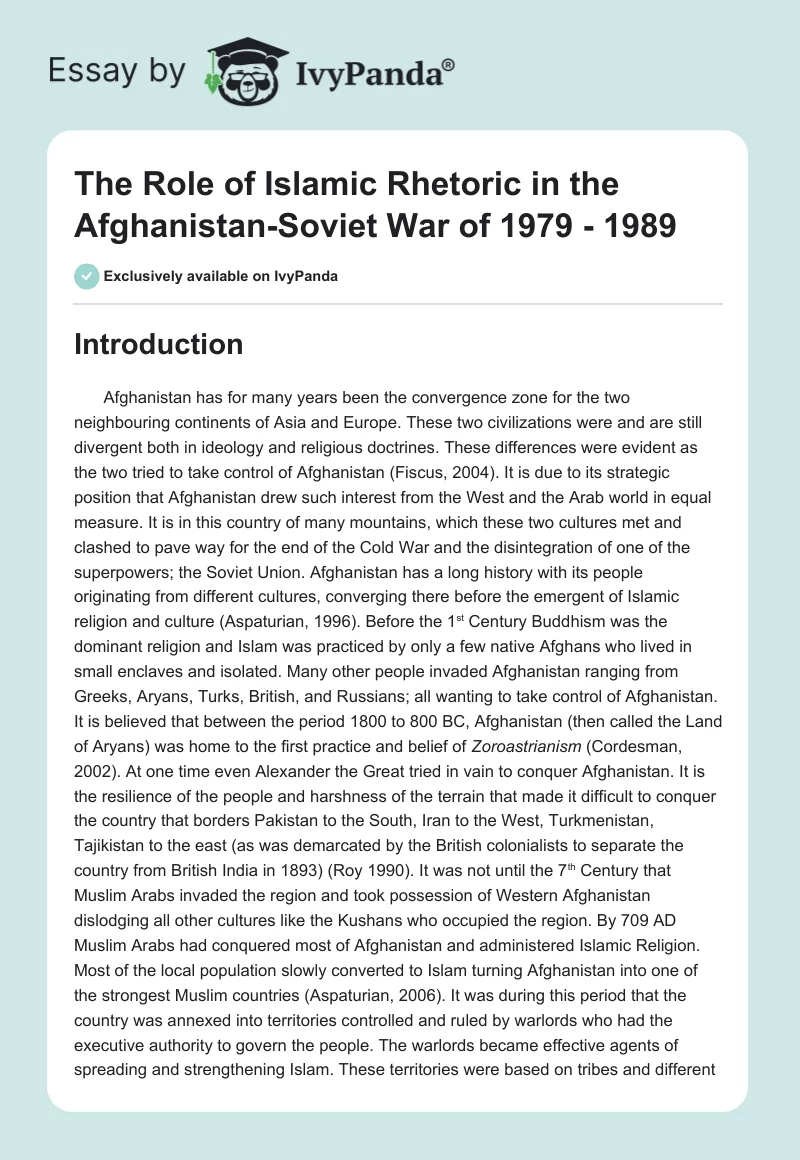 The Role of Islamic Rhetoric in the Afghanistan-Soviet War of 1979 - 1989. Page 1