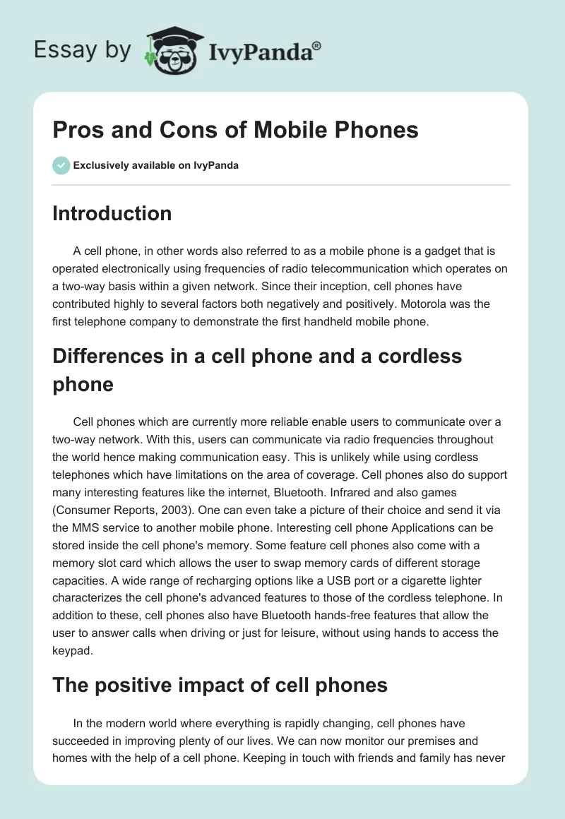 Pros and Cons of Mobile Phones. Page 1