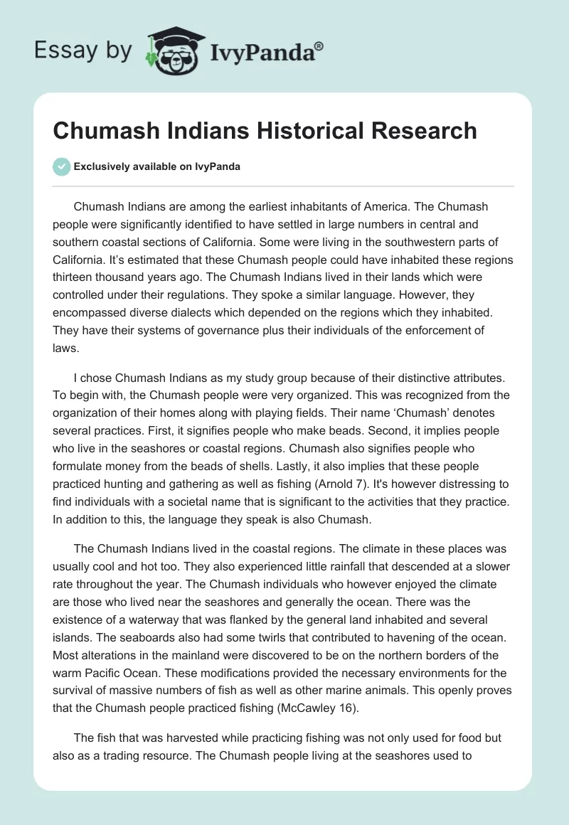 Chumash Indians Historical Research. Page 1