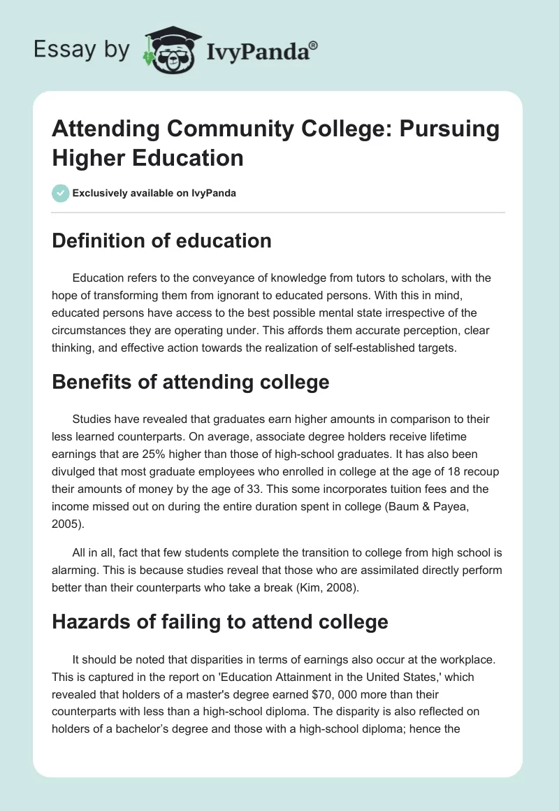 Attending Community College: Pursuing Higher Education. Page 1