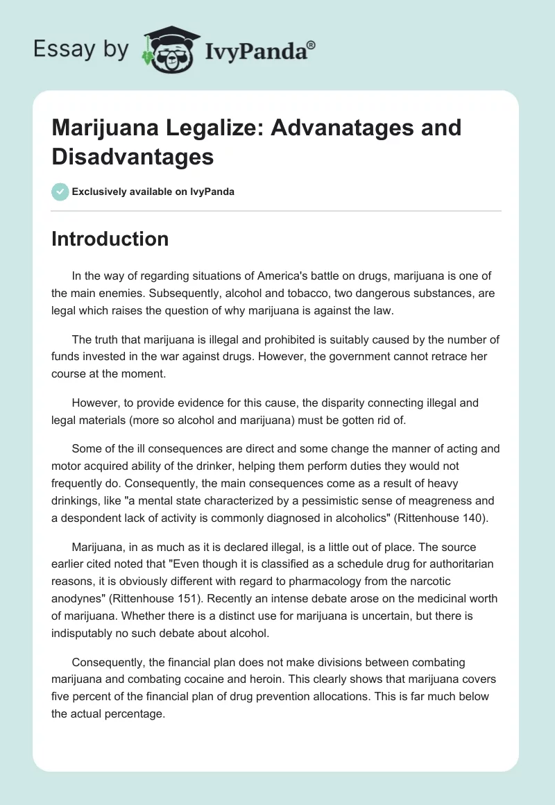 Marijuana Legalize: Advanatages and Disadvantages. Page 1