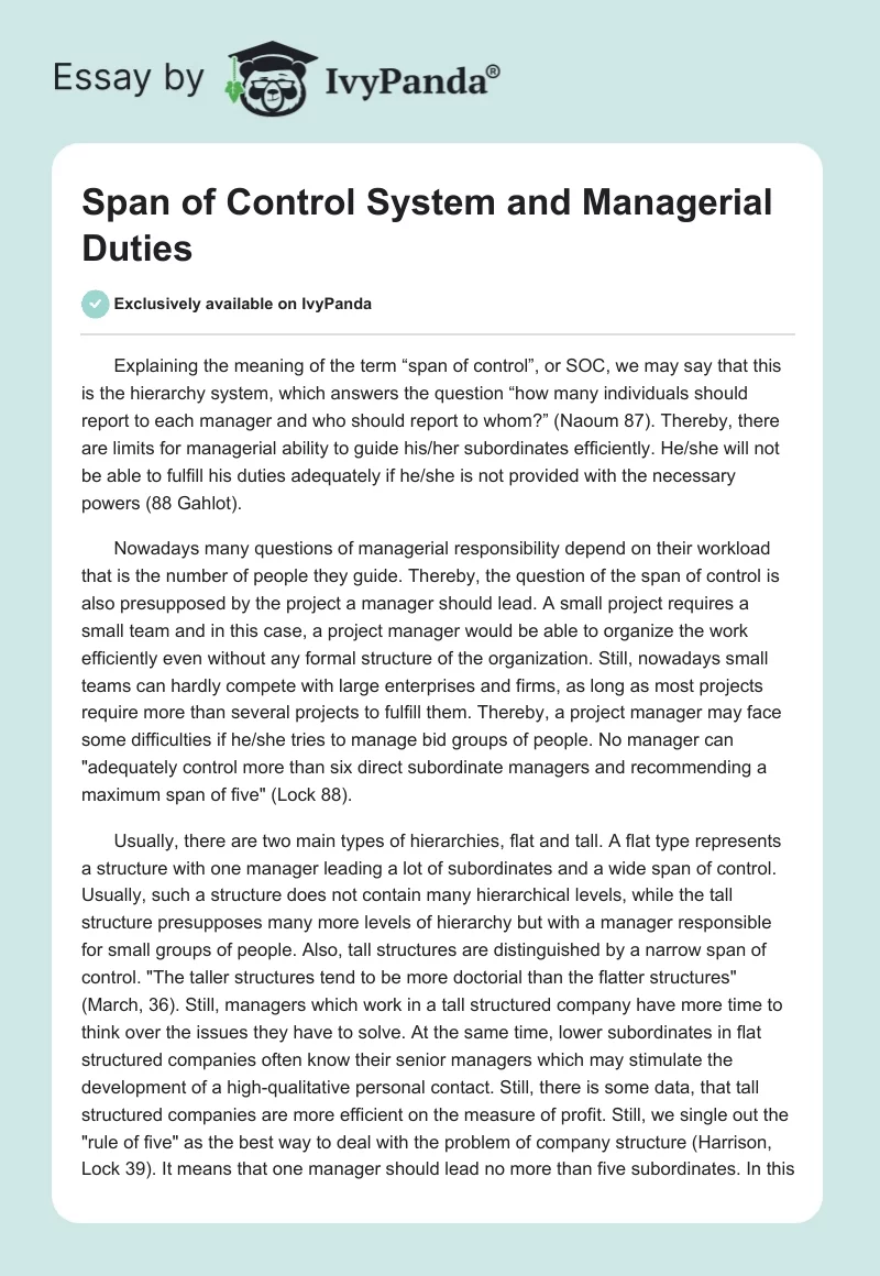 Span of Control System and Managerial Duties. Page 1