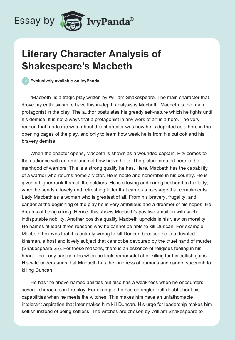 Literary Character Analysis of Shakespeare's "Macbeth". Page 1
