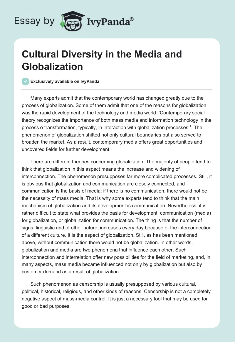 Cultural Diversity in the Media and Globalization. Page 1