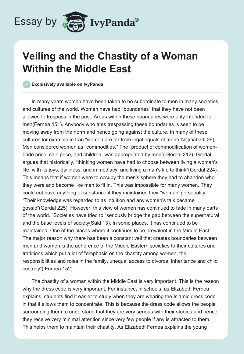 Veiling and the Chastity of a Woman Within the Middle East. Page 1