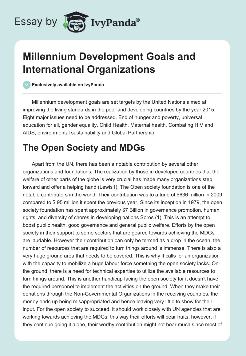 Millennium Development Goals and International Organizations. Page 1