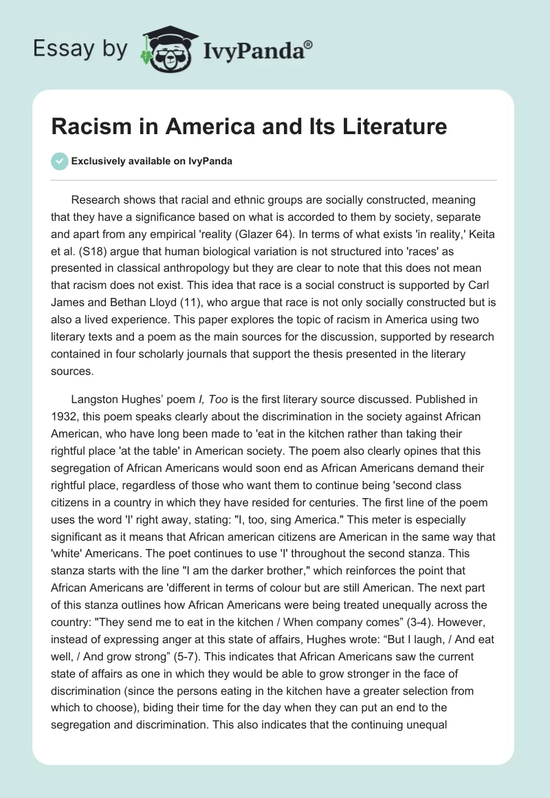 Racism in America and Its Literature. Page 1