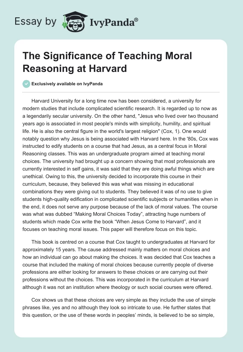 The Significance of Teaching Moral Reasoning at Harvard. Page 1