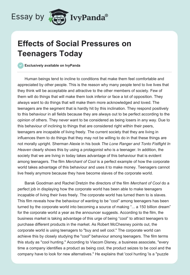 Effects of Social Pressures on Teenagers Today. Page 1
