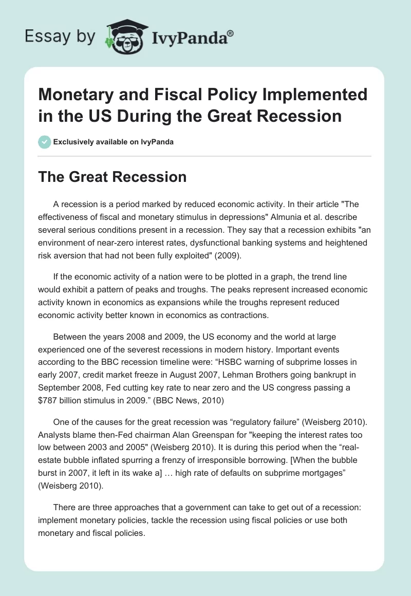 Monetary and Fiscal Policy Implemented in the US During the Great Recession. Page 1