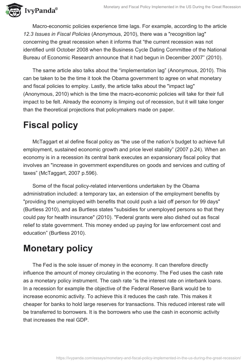 Monetary and Fiscal Policy Implemented in the US During the Great Recession. Page 2