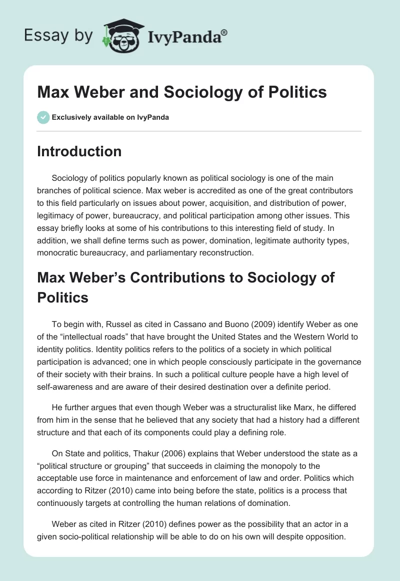 Max Weber and Sociology of Politics. Page 1