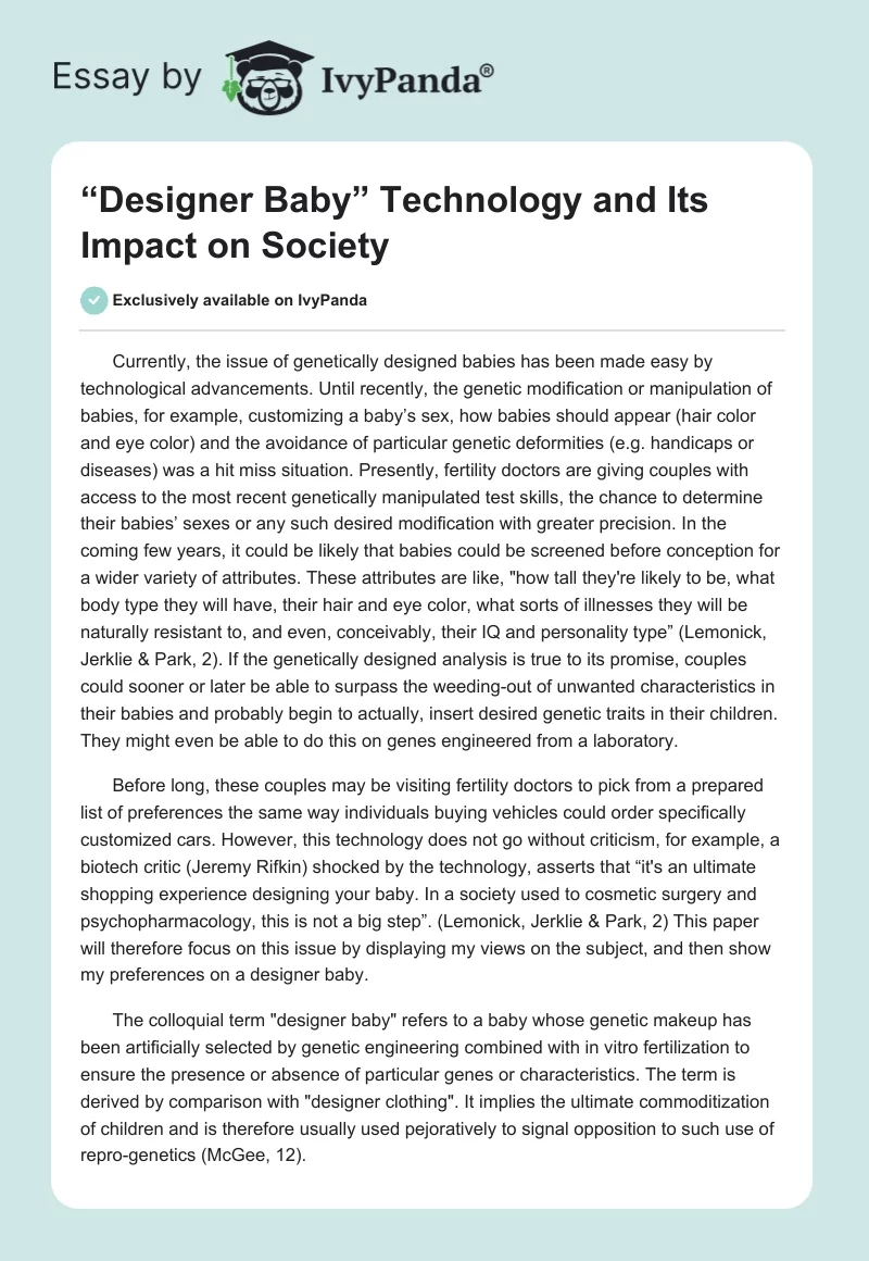 “Designer Baby” Technology and Its Impact on Society. Page 1