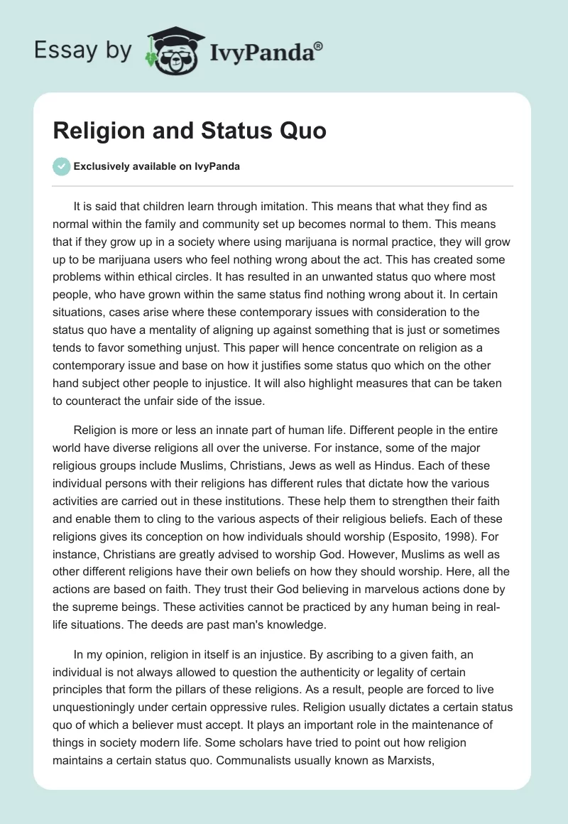 Religion and Status Quo. Page 1