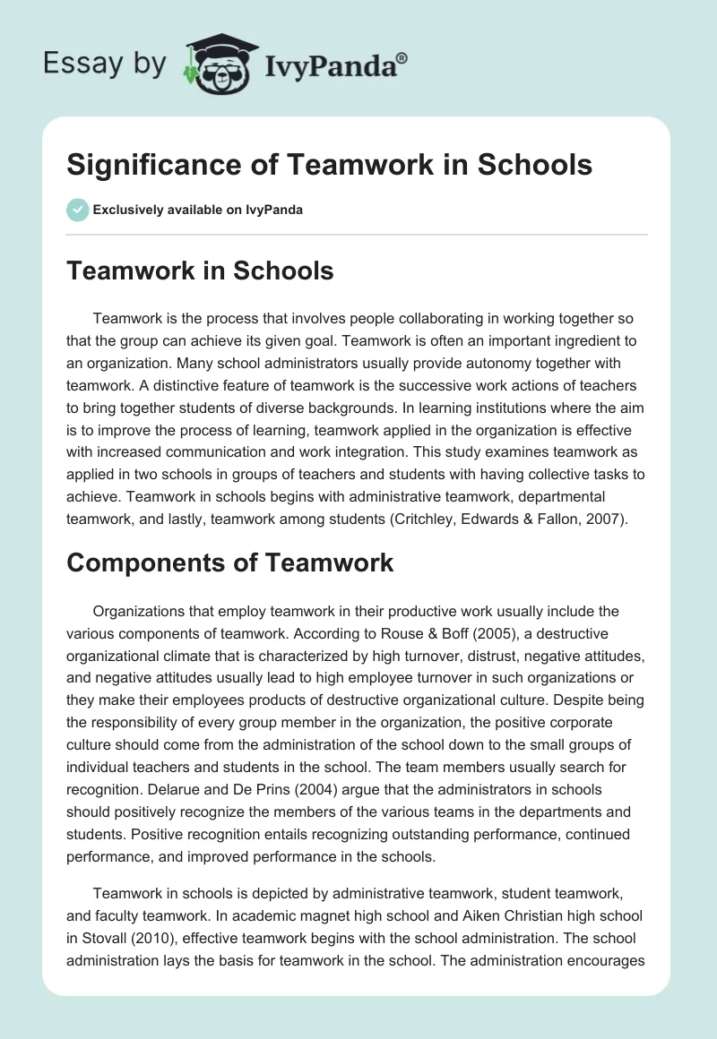 Significance of Teamwork in Schools. Page 1