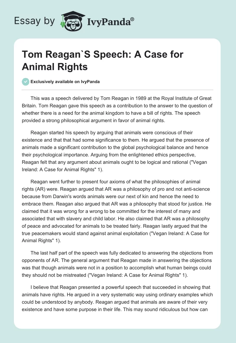 Tom Reagan's Speech: A Case for Animal Rights. Page 1