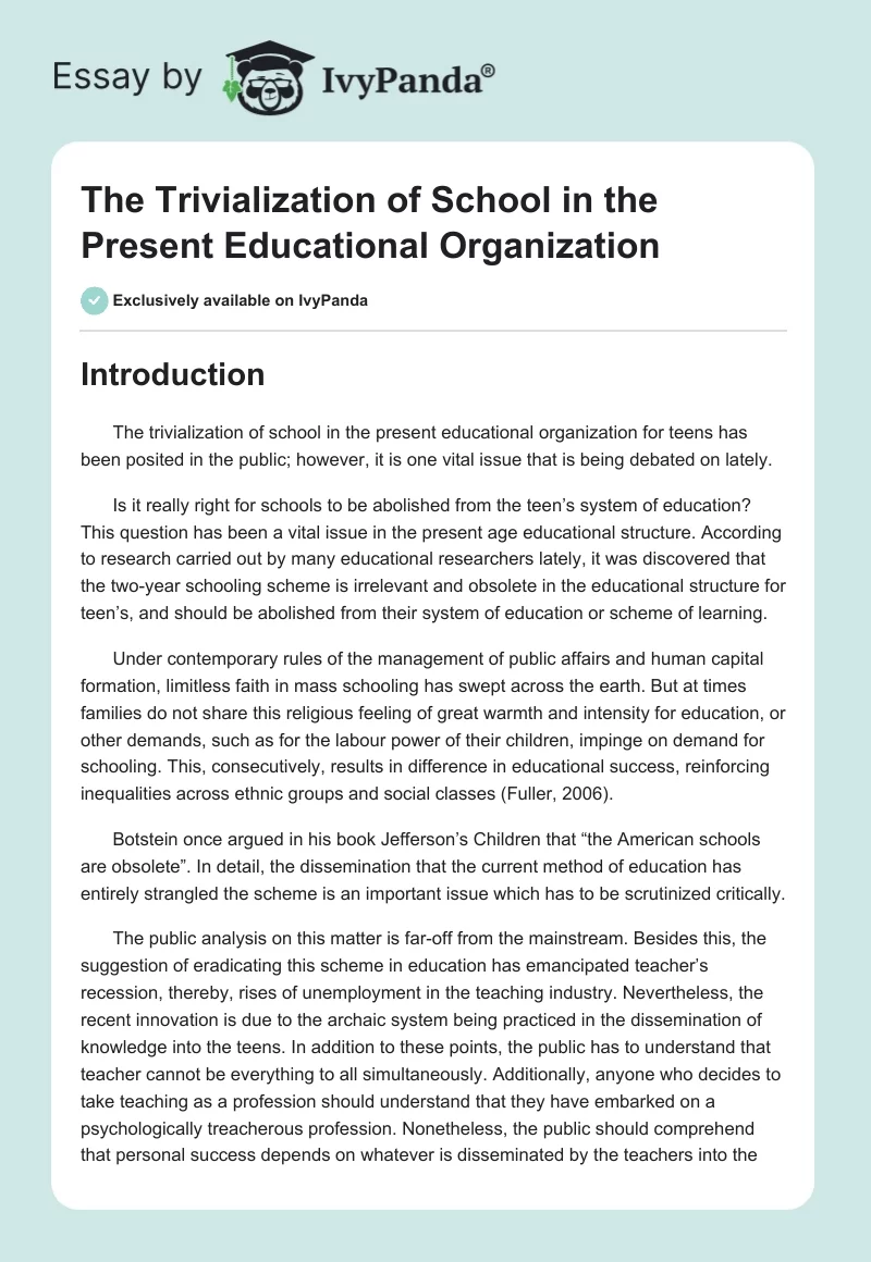 The Trivialization of School in the Present Educational Organization. Page 1