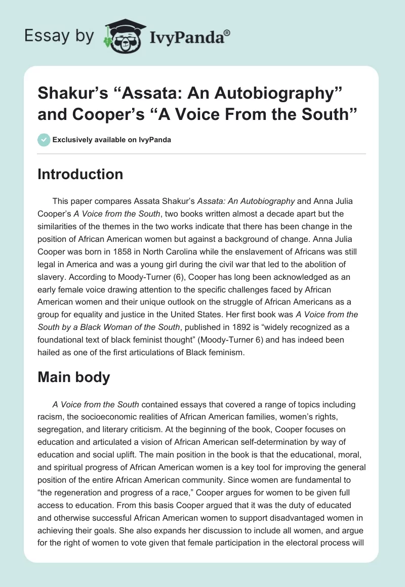 Shakur’s “Assata: An Autobiography” and Cooper’s “A Voice From the South”. Page 1